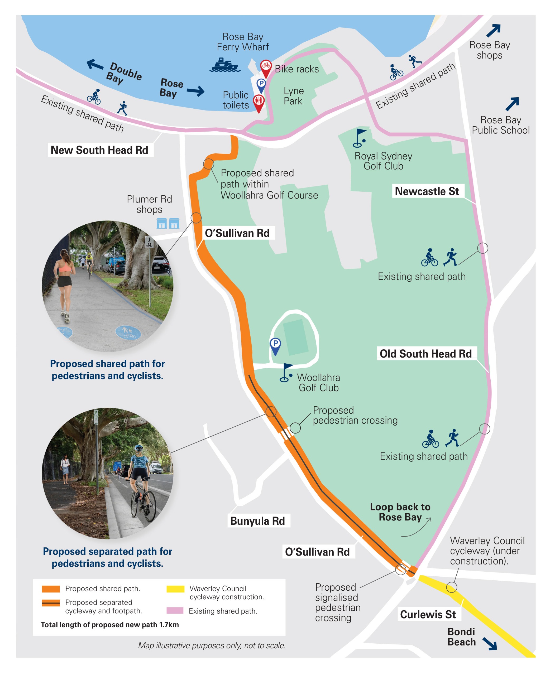 An illustrated map of the proposed path upgrades on O'Sullivan Road Rose Bay